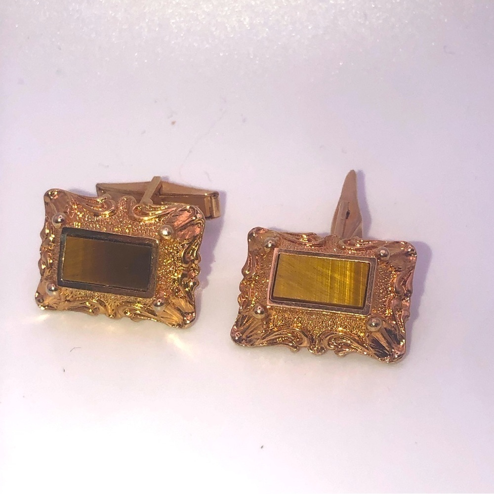 VTG Tigers Eye Stone Gold Tone Fancy Cufflinks 1” x .6”